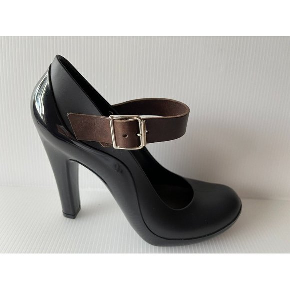 Marni Navy Blue Rubber Mary Jane Pumps Heels W/ Brown Strap Size 7 (US) 37 (IT) - Picture 1 of 11